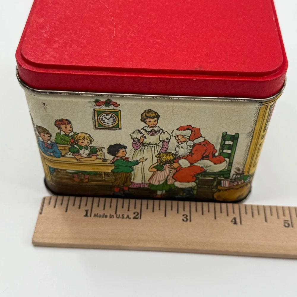 Vintage 80s Christmas Schoolhouse Tin Box Santa Teacher Classroom Decor Santa‎